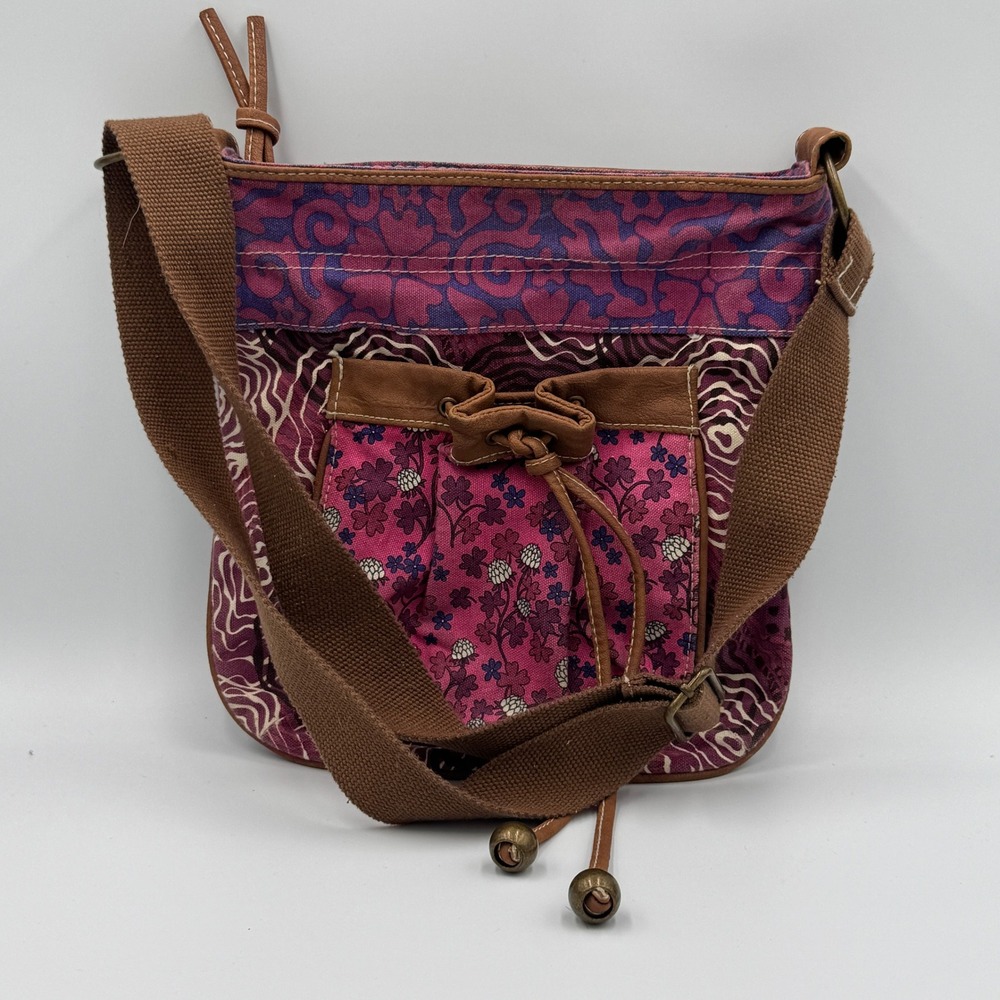 Lulu NYC Patchwork Floral Canvas Crossbody Bag Boho Multicolor Drawstring Pink‎